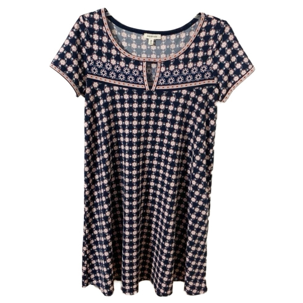 Max Studio Multicolor Geometric Pattern Short Sleeve Dress Keyhole Style 6912W64